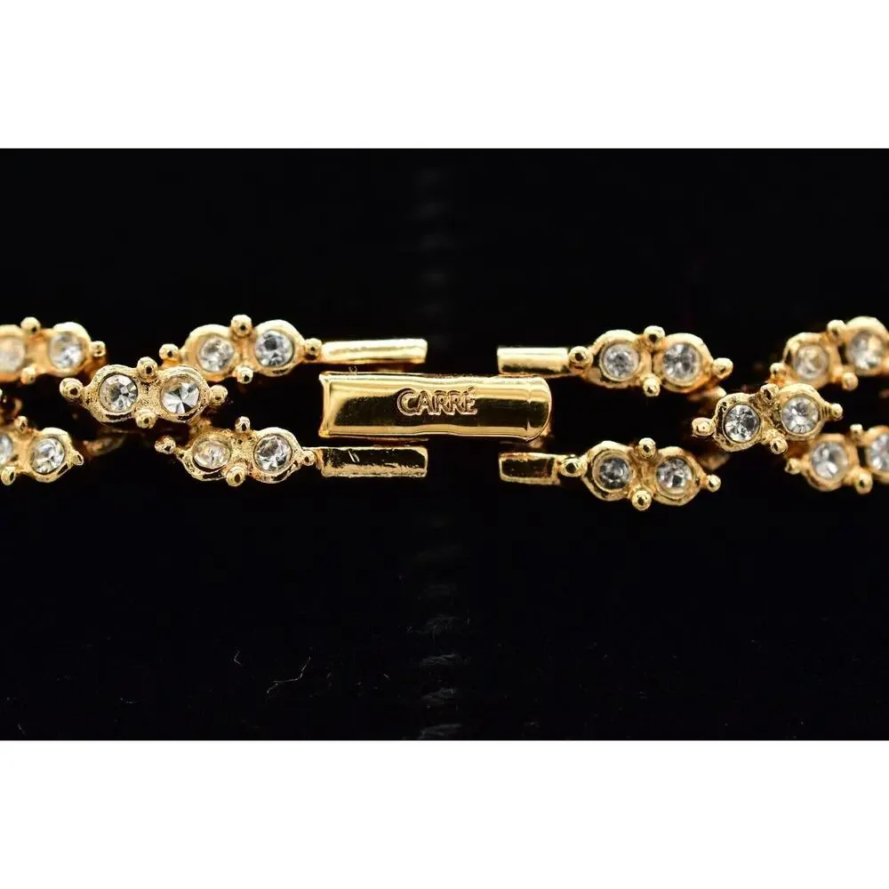 Carre Vintage Crystal Collar Necklace Rhinestone Crystal Gold Tone Signed BinBJ
